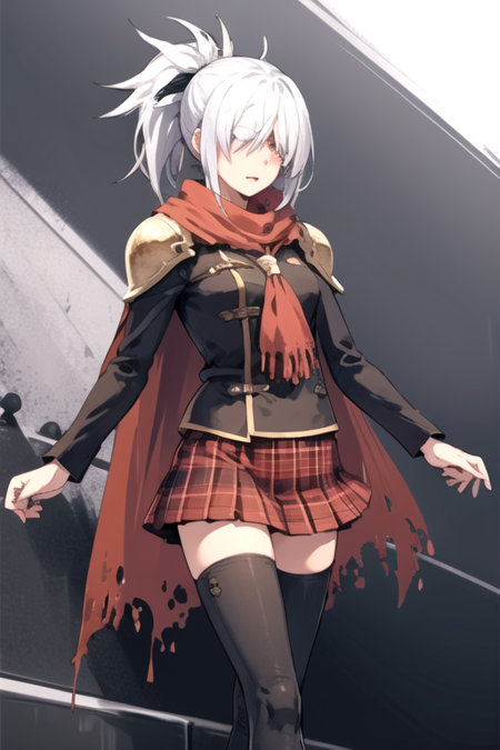 SiceFF, 1girl, solo, miniskirt, thighhighs, school uniform, ponytail, white hair, scarf, cape, armor, hair over one eye, plaid skirt, 