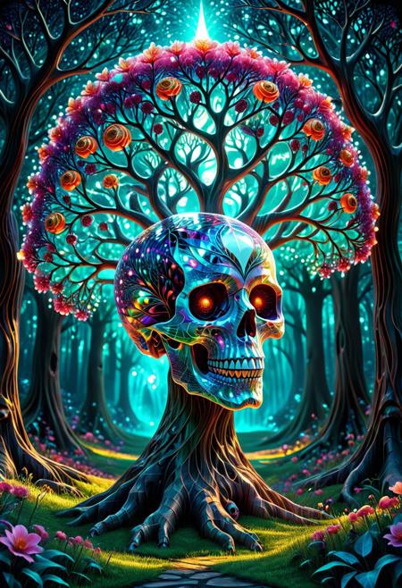 ,A beautiful flowering tree made out of fractangles, with skull shaped fruit, in a fairy glade,
ethereal,
glowing, magicNpolished, light, very detailed, amazing quality, intricate, cinematic light, highly detailed, Masterpiece, beautiful, surreal, dramatic,
