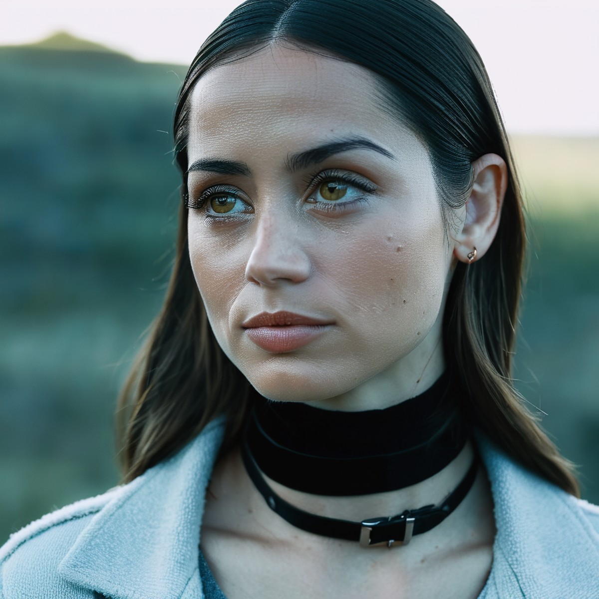 Skin texture, Super high res closeup portrait photo of a woman outdoors with straight hair, wearing a small choker around ...