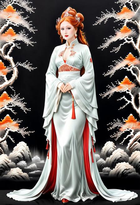 Sinoink, Realism_Quality_2xx_By_Stable_Yogi, (masterpiece), (illustration), (castle), (pale skin), (grace lady), jewelry-tiara, //ruby_deep-orange hair, long_wavy hair//, //shiny-green eyes//, nose, (shiny lip), closed mouth, (huge breasts:0.8), //gray long lace dress//, //white garter, elbow gloves, royal_cape//, looking at viewer, standing, close-up, <lora:conceptSceneryScene_v10:0.7>, add-detail-xl, <lora:add_detail:1>, coralbugXL, <lora:coralbugXL:1.4>, deepdarkocean,  censored, puffy sleeves, closed dress, beautiful high-neck top, fully dressed, <lora:NadineXL:1>, <lora:AzaleaXL2:1>, AzaleaXL2, NadineXL, bandit.