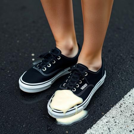 woman wearing sneakers, woman standing on a black asphalt street,  sneakers are wet and creamy, one sneaker covered in cream, (((large globs of cream on sneakers))), 
(((all-black-canvas-women's-Vans-sneakers))), (((Vans-Authentic-sneakers))), ((((black-sneakers)))