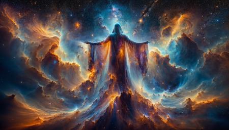 breathtaking Envision a mystical figure standing with outstretched arms, captured from behind, set against a nebula-like background in a wide panoramic aspect ratio. The figure is adorned in a robe that mirrors the cosmos, with colors that transition from the deep blue of the starry void to the fiery oranges and yellows of a cosmic blaze. The robe should look as if it is merging with the celestial colors around it, symbolizing a connection with the universe. The nebula is a riot of color, with dominant hues of orange, yellow, blue, and purple, swirling in an organic, fluid pattern that suggests a living, breathing celestial entity. Black streaks should add texture and contrast to the nebula, evoking the feeling of depth and space. The background is dotted with numerous stars, shining with varying intensity, to create a sense of vast, infinite space. The figure's pose is one of power and grace, implying a grand scale and an element of the sublime. The image should be vibrant and detailed, with a photorealistic quality that captures the imagination and conveys a sense of wonder at the grandeur of the universe. . award-winning, professional, highly detailed