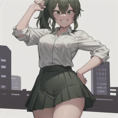 setsuna tokage, 1girl, solo, breasts, looking at viewer, smile, skirt, simple background, shirt, white background, school uniform, green eyes, white shirt, ponytail, sidelocks, pleated skirt, green hair, teeth, collared shirt, medium hair, grin, black eyes, hand on hip, sharp teeth, green skirt, sleeves rolled up  <lora:SetsunaTokageLoRA-10:0.5>