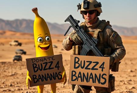 A highly detailed, full-figure real-life Marine Corps perfect soldier, standing still in a disciplined stance. The soldier is fully equipped with modern advanced weapons and tactical gear, showing intense focus and readiness. In front of the soldier is a 2-meter-tall anthropomorphic yellow banana with human-like limbs, expressive eyes, and a playful grin. Next to the banana, a cool, intricately designed cardboard sign reads, ‘Donate Buzz 4 Bananas,’ featuring complex typography and high-detail artwork. The background depicts a desert landscape in Iraq, with distant mountains, military vehicles, and the sun casting a harsh light over the rugged terrain, adding realism and depth to the scene. The contrast between the warzone setting and the absurd banana figure creates a surreal, yet detailed, composition.