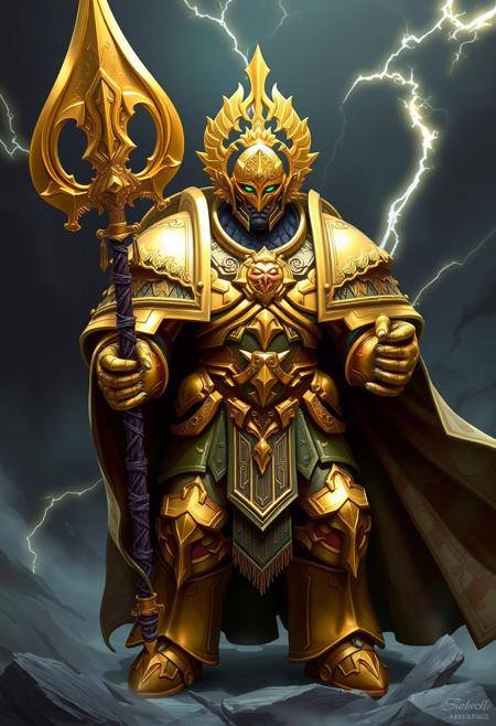 Adeptus Custodes warrior in Warhammer 40,000. They're imposing figures, clad in intricately crafted gold armor adorned with Imperium symbols. Their golden armor gleams with regal ornamentation, with a stoic yet fierce gaze behind their ornate helmet. They wield a Guardian Spear, crackling with energy, and wear a billowing cloak. Custodian Guards epitomize martial prowess and unwavering loyalty to the Emperor, serving as formidable protectors against chaos and heresy.