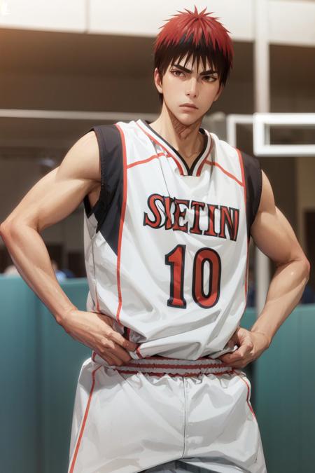 (masterpiece, best quality:1.2), <lora:kb_kagami-10:1>, cowboy shot, solo, male focus, 1boy, kagami taiga, expressionless, closed mouth, looking at viewer, hand on hip, sportswear, basketball uniform, basketball court