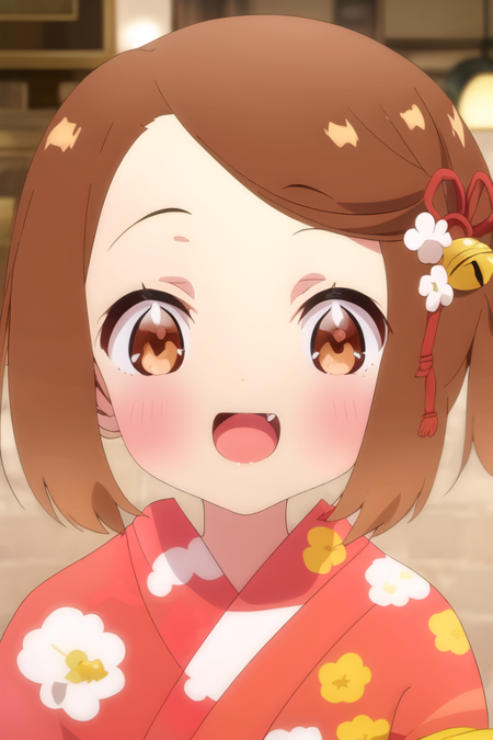 1girl, solo, looking at viewer, blush, smile, short hair, open mouth, bangs, brown hair, hair ornament, brown eyes, flower, :d, japanese clothes, fang, hair flower, kimono, blurry, side ponytail, bell, blurry background, portrait, jingle bell, hair bell, red kimono