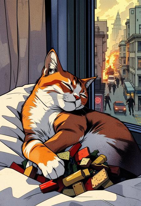 Paint a serene yet dynamic watercolor scene in the Flux art style, where a sleeping cat is *fully nestled within a pile of food*. The cat’s body, rendered in soft, car color orange, brown, white with a black M in his forehead, in a soft pillow near to a building window, inside an apartment, outside a city in chaos, zombie invasion, cars in fire,
running away from the zombies,