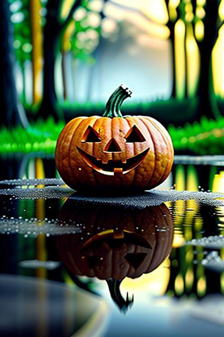 Close up of Halloween pumpkin on a wooden wet table in a dark rainy and misty forest at night. The trees are black. The full moon appears behind the dark clouds behind the trees and the blue moonlight blends in with the misty atmosphere. 8k render ensuring crisp and clear details with realistic shadows, reflections and vivid and vibrant colors. <lora:aidmaHyperrealism:0.5> aidmaHyperrealism, extremely high-resolution details, photographic, realism pushed to extreme, fine texture, incredibly lifelike, <lora:ImageUpgraderV2:0.5> detailmaximizer, easynegative, c4d, blender, raytracing, unreal engine 5, render 3d, OverallDetail