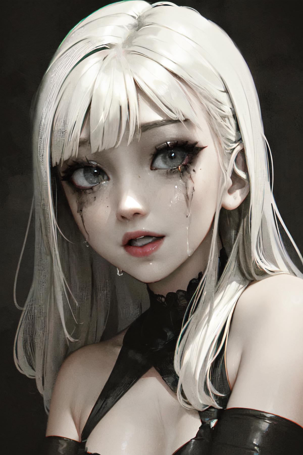 A sad, white, blonde-haired girl with tear-soaked eyes and black lashes.
