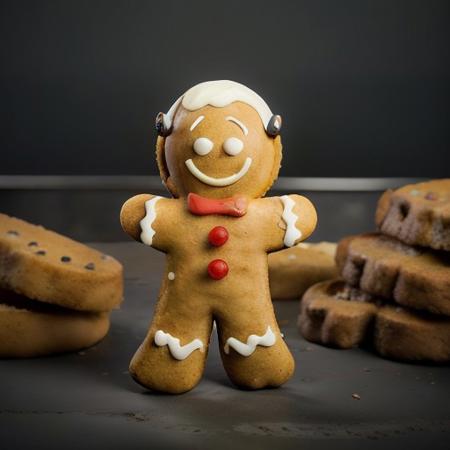 Gingerbread_Man, food, cookie, food focus, no humans, depth of field, moody ambience, spotlight, 
cyberhelmet