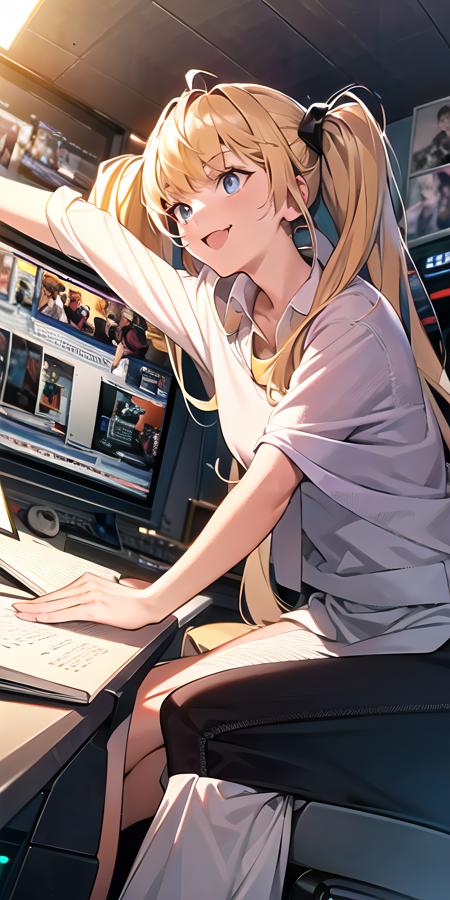 (masterpiece:1.3), (official art:1.2), 8k, (best quality:1.2), highres,,xiaoroubao,1girl,fang,twintails,very long hair, smile,(depth of field:0.6), (see-through:0.9), (extremely detailed CG), illustration, extremely detailed figure,cinematic lighting,ultra-detailed, illustration,indoor,computer,monitor,nintendo_3ds,mouse,pet cat,cellphone,power_lines,open_book,(composition:1.03), scale, foreground, middle ground, background,dynamic pose, dynamic angle,esport chair, white<lora:CchanVTB:1>