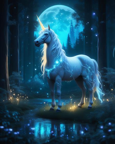 In a enchanted forest,A majestic unicorn stands under glowing full moon,Tall trees with glowing leaves, bioluminescent plants illuminating the dark, with magical fireflies floating in the air, casting a surreal atmosphere