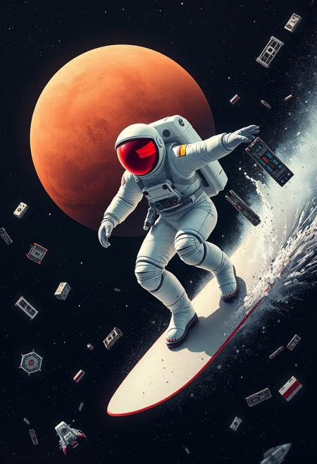 Digital artwork featuring a futuristic and dynamic scene. The layout is centered around an astronaut in a white spacesuit with a reflective red visor, riding a surfboard into a planets atmosphere. The background is a dark, starry expanse with a dull red planet in the distance. Surrounding the astronaut is the debris from a destroyed spacecraft, adding a sense of adventure and exploration. The overall style is highly detailed and vibrant, with a strong contrast between the dark space and the bright elements.
