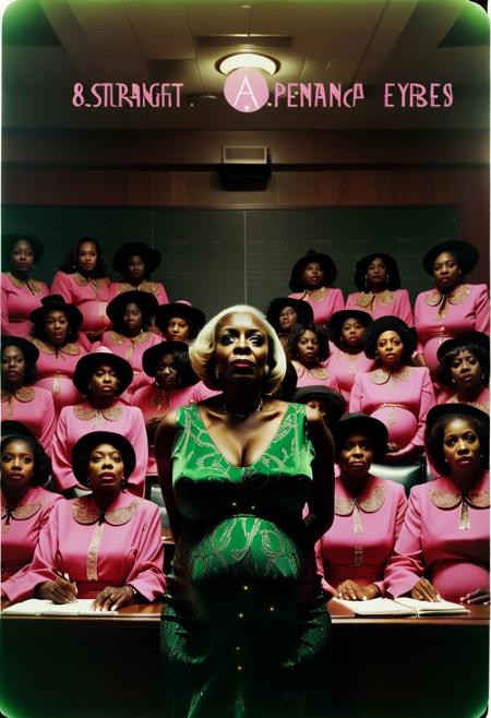 ()Hyoer Realistic:2.0)Polaroid picture of 
a hyper realistic Movie Still of (80 years old ((busty:1.3)) (((african american))) women) 
 of a group of stern, suited College Board of Trustees (Standing exposing large breasts ),  (Pregnant:2.4)their (possessed glowing eyes:1.70) glazing over as they fall under the hypnotic spell of a circle of Alpha Kappa Alpha Sorority Sisters.
The  (90 year old busty african american sorority sisters standing in front of the Board, resplendent in their pink and green attire:1.85) , gaze intensely at the trustees, their hands weaving intricate patterns in the air as they chant in unison.( The trustees' faces slacken, their pupils dilating as they succumb to the sisters' mesmerizing power:1.65)
(In the background, a giant budget spreadsheet displays a rapidly increasing total, the numbers spinning wildly out of control as the trustees, now completely entranced, nod in unison to allocate infinite funds to the Greek Life budget.:2.00) (Capture the surreal, mind control::2.80)