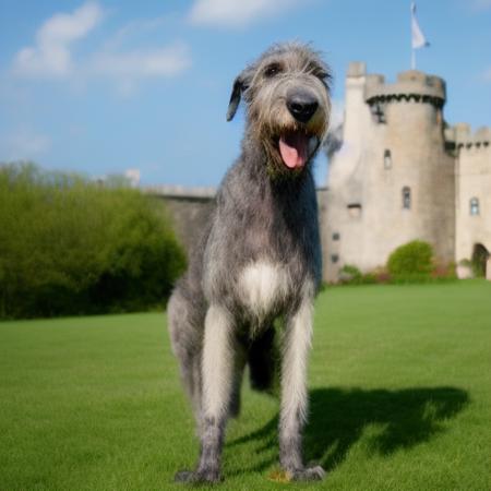 Photo of Irish_wolfhound, dog, in front of a medieval castle with a knight<lora:IWolf:1>