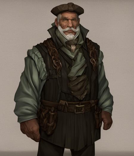 CharHelper, digital painting, dieselpunk outlaw, wrinkled old man, brown hair green eyes, Braided beard, character portrait, artwork by Leonardo Davinci