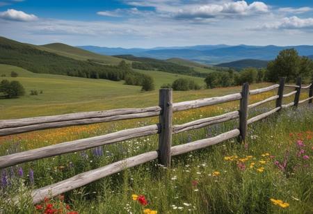 "A rustic wooden fence with a weathered finish, surrounded by colorful wildflowers, set against a backdrop of a serene countryside landscape."