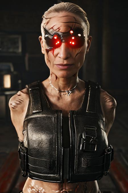 <lora:CyberMaelstrom:1>, glowing eyes, cybernetic implants, one character, bulletproof vest, woman looking at viewer, multiple eyes, realistic, vibrant, disfigured, scars, wrinkles