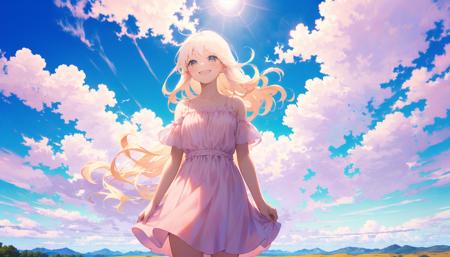 (1girl,standing,beneath,the beautiful sky,blue sky,white clouds,sunshine,soft breeze,blowing in the wind,pink dress,smiling,peaceful,expression,happy,serene,bright,atmosphere,feeling,dreamy,tranquil,freedom,hope,enjoying the moment,solo,outdoor,natural beauty:1.1),(hair,blissful,scenic view:1.2)
 <lora:mocha2:0.8>