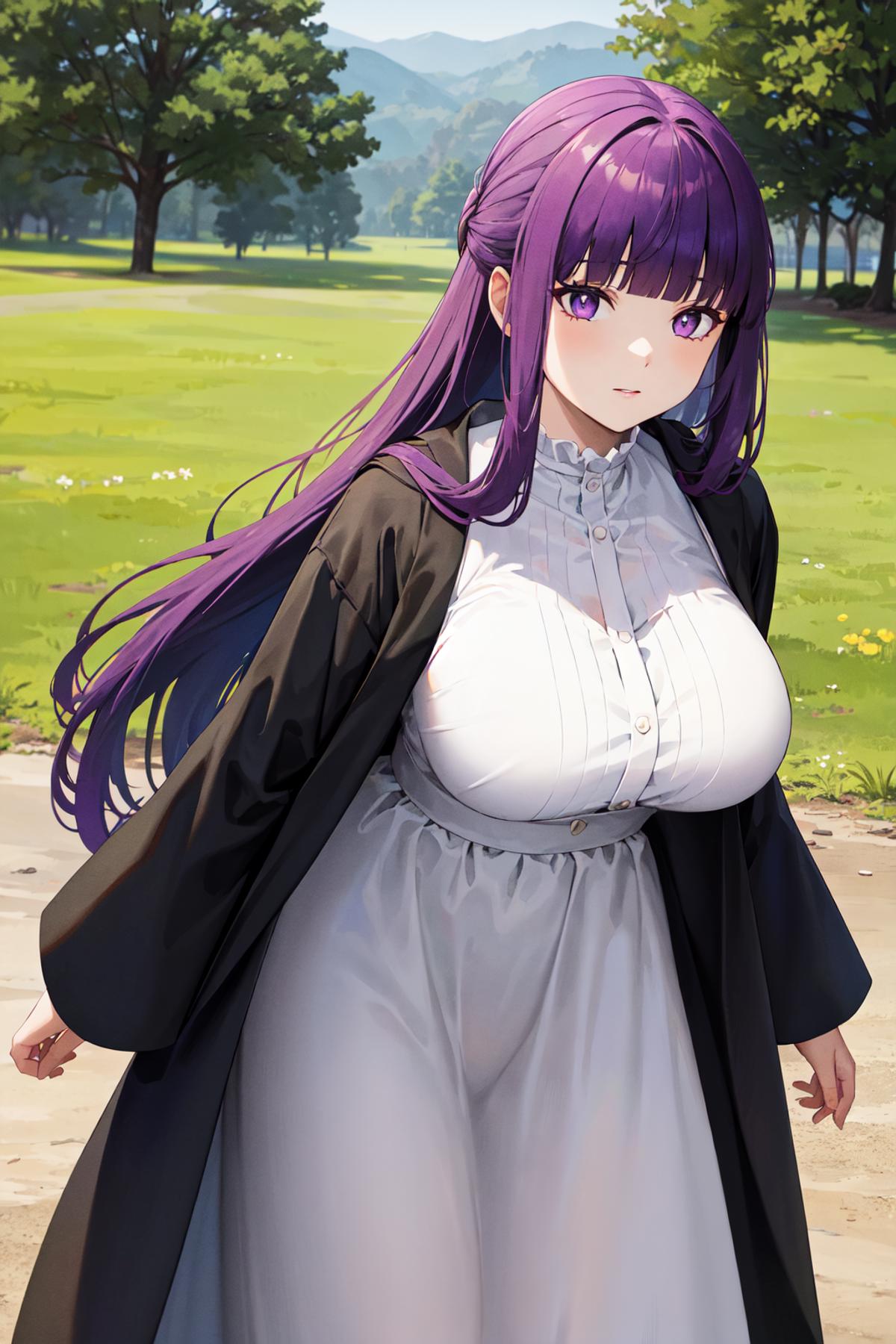 Anime Girl with Large Breasts and Purple Hair Wearing a Black Cape and Dress.
