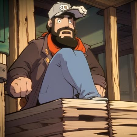 <lora:Deponia:1>, 1boy, Bozo, baseball hat, facial hair, sitting, solo,  coat, beard