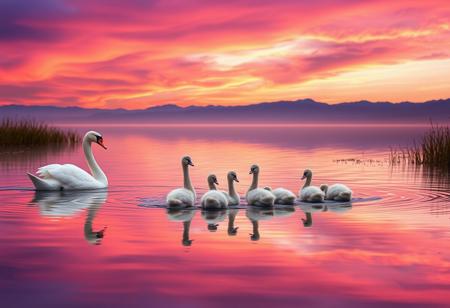Against a twilight sky ablaze with purple and pink hues, a serene family reunion unfolds on the glassy lake surface. Four adult swans, flanked by their cygnets, glide effortlessly together, generating soft ripples. Fireflies flicker among the reed beds, while the distant mountains' silhouettes provide depth to this idyllic scene, bathed in warm, golden light.