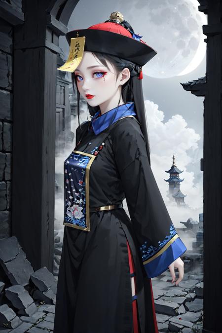 ((masterpiece)), ((best quality)), 8k, high detailed, ultra-detailed, intricate detail, Illustration, fantasy, surrealism, ((1girl:1.2)), Solo, portraying a Chinese-style jiangshi girl,  jiangshigirl costume, (huangfu paper on head), in a traditional costume, (night setting:1.2), (ancient village ruins:1.1), (eerie atmosphere), Jiangshi girl in a classic pose, (ancient charm:0.8), Detailed depiction of the jiangshi girl with jiangshi pose, (moonlit night), (mystical fog), (traditional charm), (detailed eyes:1.1), (black hair), (pale skin), (red lips), Balanced and harmonious composition, Cinematic lighting with moonlight, Visual effects with eerie details, Maxon Cinema 4D,,<lora:QDjiangshi:0.8>,