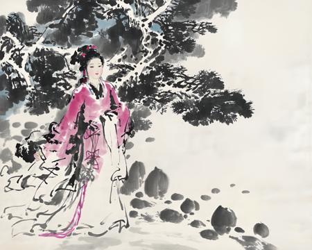 Chinese ink painting, a girl walking in the snow, <lora:Chinese_INK_painting_V1:1>