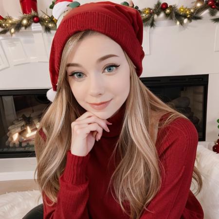 <lora:thedizzykitten_sd15_512_128_64_v1:1> picture of dizzykitten long blonde hair, 1girl wearing red christmas santa hat,  wearing a turtleneck sweater, cozy fireplace in background, christmas decoration in background,