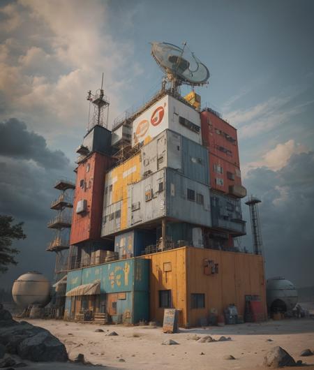 (masterpiece),(best quality),(cars:1.1),floating Container_building,(day:1.3),fantasy,surreal, flying,(in the sky:1.3),
pov,Industrial punk, steam style,Wasteland, post-apocalyptic world,
 <lora:KK_Container_building_v1:0.8>
Negative prompt: nsfw,EasyNegative,ng_deepnegative_v1_75t, (badhandv4:1.2), (worst quality:2), (low quality:2), (normal quality:2), lowres, bad anatomy, bad hands, normal quality, ((monochrome)), ((grayscale)) watermark,
Steps: 30, Sampler: DPM++ SDE Karras, CFG scale: 7, Seed: 1900633668, Size: 768x904, Model hash: d725be5d18, Model: 2插画_A1_revAnimated_v11, Clip skip: 2, ENSD: 31337, Hashes: {"vae": "c6a580b13a", "model": "d725be5d18"}