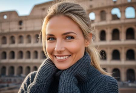 A hyper-detailed, high-resolution (8K) close-up portrait of a 40-year-old woman with sleek blonde hair tied back, wearing an oversized detailed charcoal gray knit sweater. Her striking blue eyes gleam with warmth, framed by delicate laugh lines that enhance her inviting charm. Subtle wrinkles on her face, natural skin texture, detailed natural skin. Her face is brightly lit by soft, diffused daylight, highlighting every subtle texture. She is facing the camera directly with her hands gently cupping her face. The background shows the Colosseum in Rome, bathed in warm, late afternoon light.