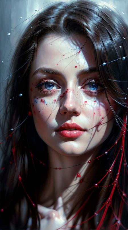 close up,portrait, light behind subject,beatiful face,russian beautiful woman,((russian folk clothing)),red kokoshnik,spiderweb,(( art  by Agnes Cecile ))  ((painting named surrealistic dream of mystery utopia)),(horror vibe, dark scenery) ((horror)) (limited colors, red, blue, white) BREAK perfect quality,best quality,ultrasharp,ultradetailed,perfect quality,masterpiece,intricated details,wallpaper,8k, paradox, adrian ghenie, jenny saville, edward hopper, surrealism, dark art by james jean, takato yamamoto, inkpunk minimalism, fashion magazine, editorial photography,  <lora:ip-adapter-faceid_sd15_lora:0.22>