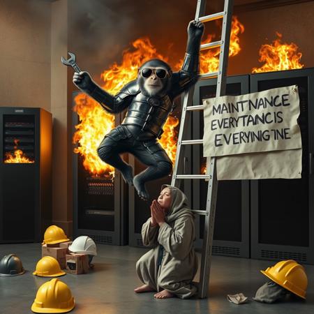realistic, realism, surreal, monkey wearing sunglasses in armor holding a wrench, breakdancing up side down on a step ladder, in front of burning server machine, server is on fire. there are hard hats and pizza boxes on the floor, a monk is kneeling in prayer on the floor. a paper sign on the ladder say "UNDER MAINTENANCE\nEVERYTHING IS FINE"