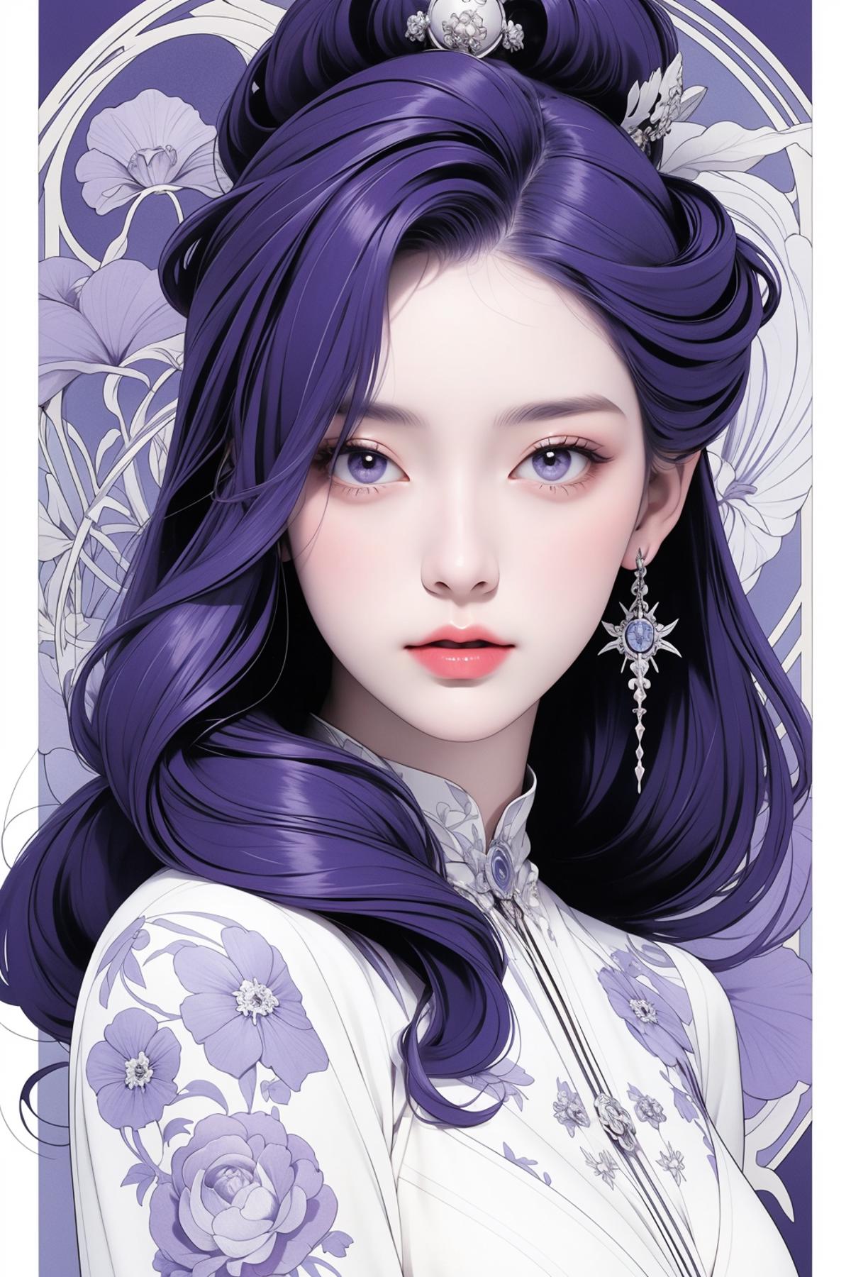 A digital painting of a woman with purple hair and a white dress.