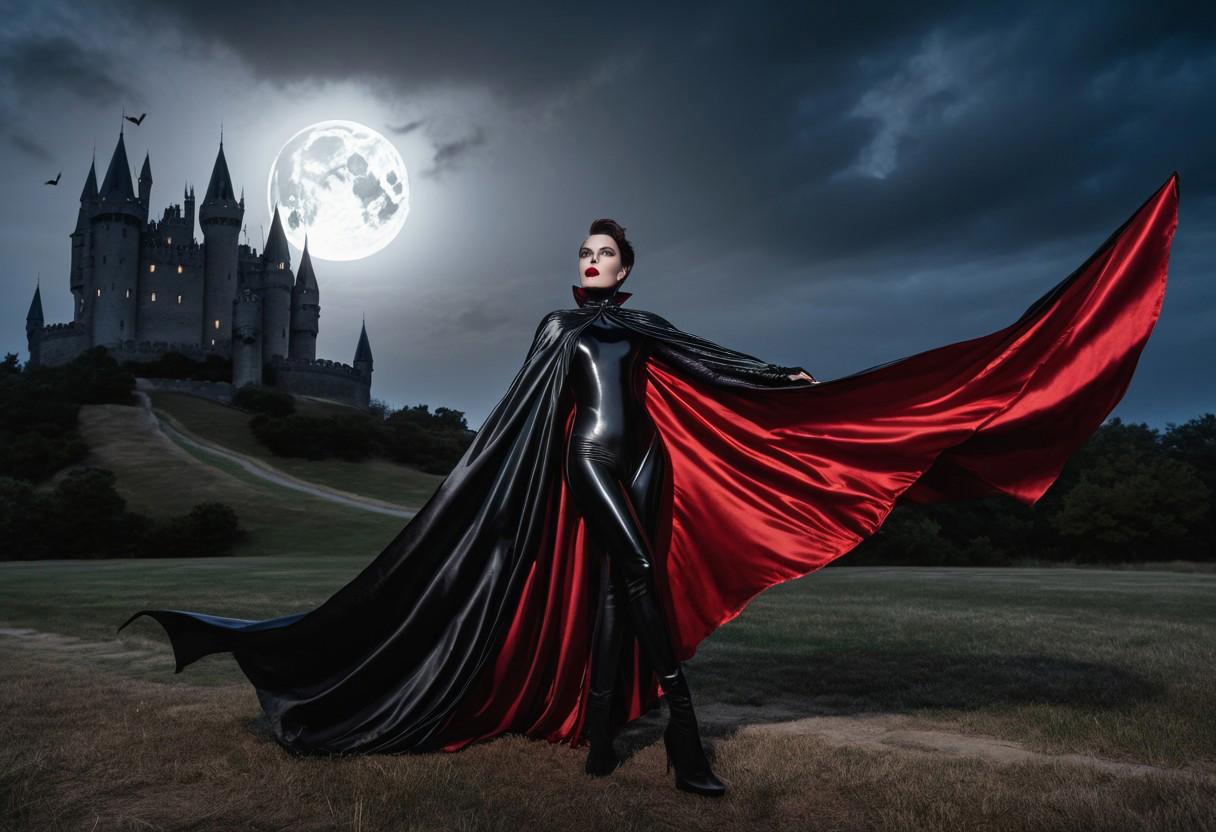 Full length landscape, female Vampire with short Dark slick hair, wearing a very long flowing massive shiny Black Satin cape with a Red satin lining, arms stretched out to the sides holding up cape high, cape swirling in the wind, wearing a black latex bodysuit catsuit, standing in front of a castle at night, full moon and Bats in the Background