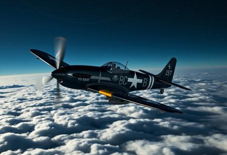 masterpiece, highres, best quality, high quality, highly detailed, upscale, clear image, sharp image, sharp focus, sharp lines, high definition, photograph, Vought F4U Corsair bf-109, flying over clouds, star filled sky, night sky