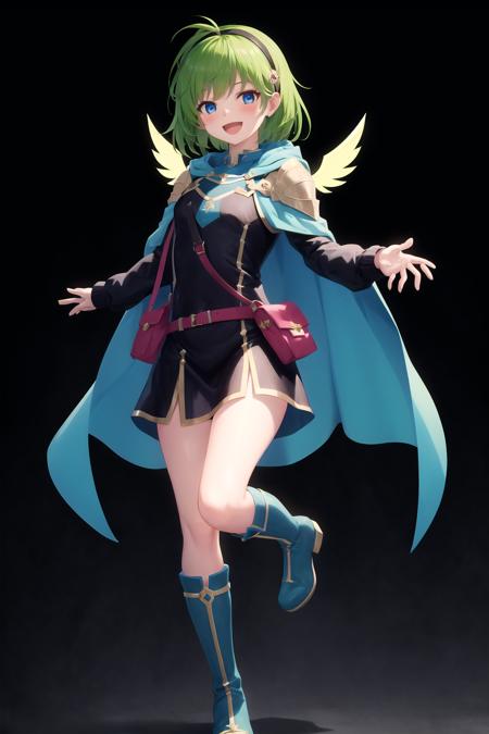 masterpiece, best quality, absurdres, nino, 1girl, solo, looking at viewer, blush, smile, short hair, open mouth, bangs, blue eyes, simple background, hair ornament, long sleeves, dress, standing, full body, :d, hairband, boots, green hair, wings, shiny, belt, hood, cape, black footwear, black dress, shiny hair, short dress, leg up, standing on one leg, knee boots, hood down, black background, gold trim, pouch, belt pouch, hooded cape, <lora:nino_fe_v1:1>