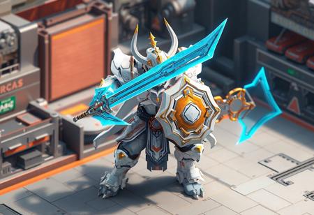Ultra-HD 8K isometric render (Unreal Engine 5 + Octane) of 'Gouki The Blade Ogre' in dynamic battle stance. This white-armored warrior-guardian wields dual blue-orange energy swords and a matching hexagonal shield, poised against a F.A. Circuit Grand Prix cyber-fantasy arena.