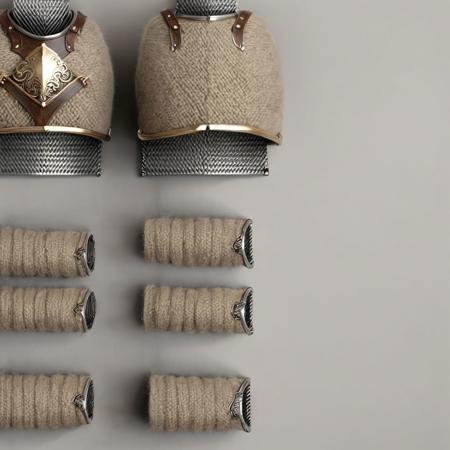 hyper-realistic, Realism, HDR, detailed, warior style armor covered in gray wool (beige cotton ), simple gray background