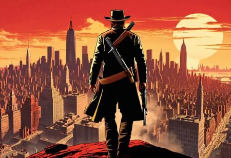Incredibly Detailed Accurate Picture Of The 1889 New York City Skyline, With A John Marston silhouette Standing In Front of It, Red Dead Redemption style