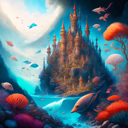 (oceanicrealms style:1) a painting of a castle surrounded by sea life <lora:djzOceanicRealmsV21_LoraBooth:1>d