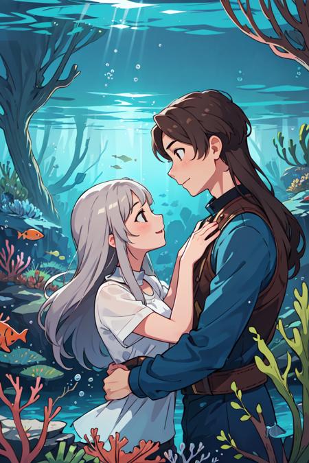 masterpiece,best quality,2others, couple, 1man with 1woman, mature, Height difference, different hair color, happy, love, hug, upper body, long hair, brown hair and silver hair, fantasy, underwater, looking at each other,scenery,