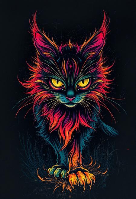 A hauntingly beautiful image of a dark, scratch art background, with a creepy cat emerging from the shadows, like a ghostly apparition. The cat, a vibrant, multicolored creature, seems to glow with an otherworldly light, its eyes gleaming with a malevolent intensity. The cat's fur, a swirling, vibrant texture, seems to pulse with a creepy, crawly energy, as if it's alive and waiting to pounce. The scratch art, a textured, layered effect, creates a sense of depth and dimensionality, as if the viewer is gazing into a dark, mystical realm. The dark, ink background provides a striking contrast to the vibrant, multicolored cat, creating a sense of drama and tension. The overall effect is one of eerie, Halloween magic, as if the viewer is witnessing a supernatural, feline spectacle. highest-Quality, intricate details, visually stunning, Masterpiece
