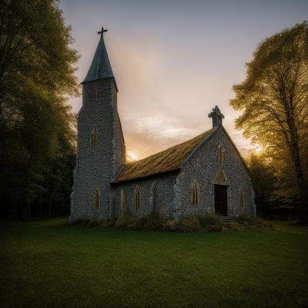 <lora:more_details:0.8>,, (outdoors, colorful, dusk:1.1)
(best quality:1.4), (masterpiece:1.2), (detailed), HDR, ultra-high resolution, Scandinavian, (stone church:1.6), overgrown, moss, (summer forest:1.2), (dusk:1.2), vibrant greens, tranquil, serene, (golden hour light:1.3), (low angle shot:1.3), texture, stone, atmospheric, 4k, in the style of Tobias Hgg.