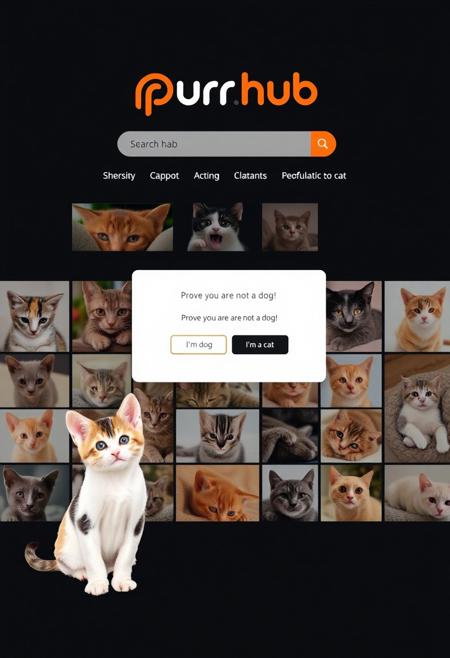 Screenshot from the most famous cat photo website, "Purr Hub", the logo is a name itself "purr" in white font and "hub" in black font, "hub" is inside an orange rounded rectangle. The website has a dark theme and shows a grid of photographs of various cute cats. a cute kitten stands next to the search bar. in the center of the page is a popup captcha window that reads "Prove you are not a dog" with two option buttons "i'm a dog" "i'm a cat".