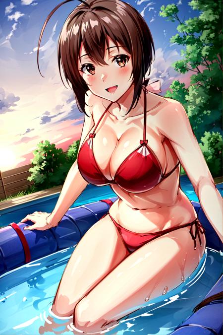 1girl, Musubi a woman with brown ponytail hair in a pink bikini, pink swimwear, 
brown eyes, smile, best quality, absurdres, looking at viewer, outdoors, solo focus, in swimming pool, in water, floating on a circular raft in a pool, outdoor swimming pool, sunset, soft lighting