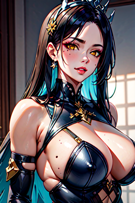 Havoc and Disorder, official art,unity 8k wallpaper, ultra detailed, beautiful and aesthetic, High quality, beautiful, masterpiece, best quality, Havoc and Disorder, 1girl, solo, long hair, breasts, looking at viewer, bangs, large breasts, black hair, hair ornament, bare shoulders, nipples, blue hair, yellow eyes, upper body, multicolored hair, parted lips, shiny, mole, two-tone hair, leotard, lips, makeup, tiara, black leotard, areola slip, mole on breast, nipple slip, veiny breasts,(zentangle, mandala, tangle, entangle:0.6),dynamic angle, extreme light and shadow, shiny skin, (ultra sharp, best quality, masterpiece)