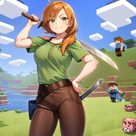 1girl, belt, blue_sky, blush, boots, breasts, brown_hair,  cloud, day, facial_hair, green_eyes, hand_on_hilt, hand_on_hip,green shirt,brown pants,  long_hair, orange_hair,realistic,  ,shirt, sky, smile,alex,minecraft, <lora:alexminecraft:0.8>,shexyo, holding a sword,