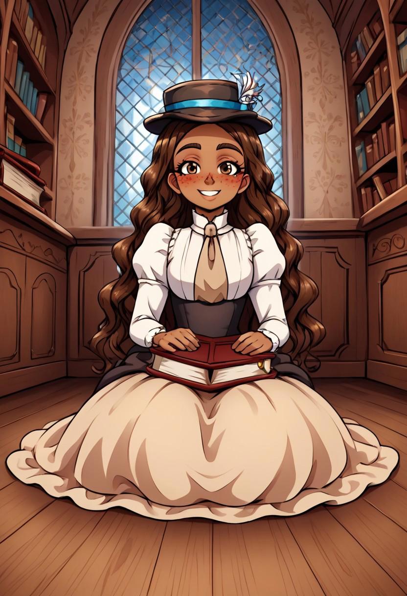 high definition 1girl, solo, franimel, dress, long hair untill hips, brown skin, brown eyes, freckles, blushing, hat, beige tie, dramatic illumination, full body, victorian library, detailed background, night, sitting down on floor, cute smile, look at viewer, low angle